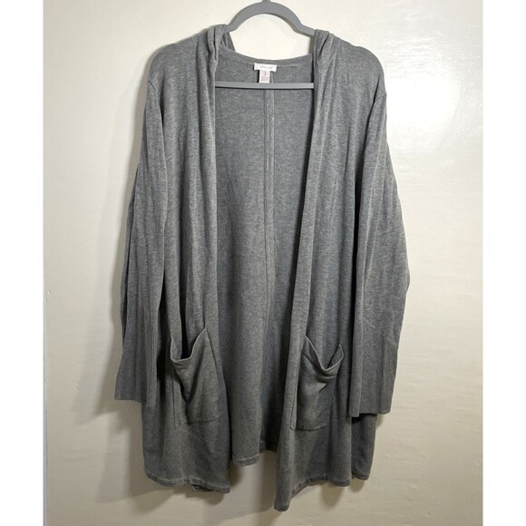 Chico's Sweaters - Chicos Women's Gray Cotton Blend Open Front Cardigan Hoodie Sweater Pockets Sz 3